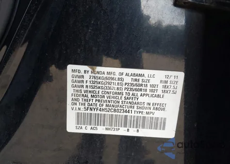 2012 Honda Pilot Ex-L from USA, damaged, VIN 5FNYF4H52CB023441